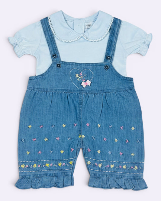 Little Roots baby girl light blue denim romper set with embroidered floral details and ruffle hems, paired with a puff sleeve collar top.