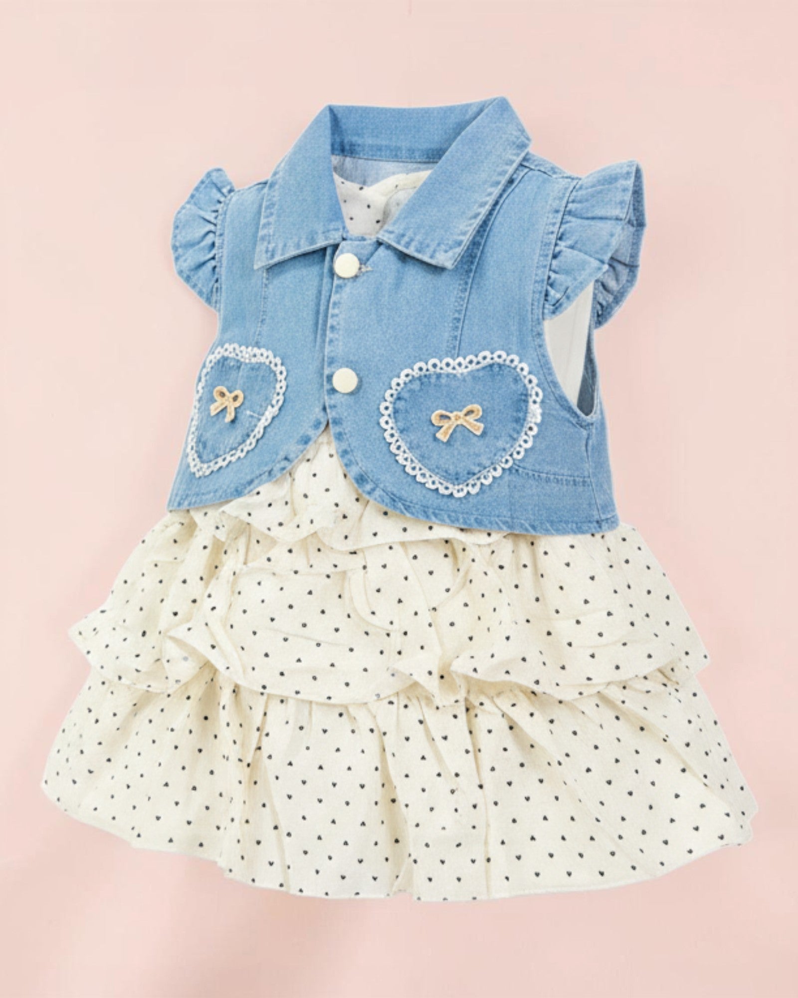 Little Roots baby girl denim vest layered frock with heart print and bow details, sizes 6-24 months.