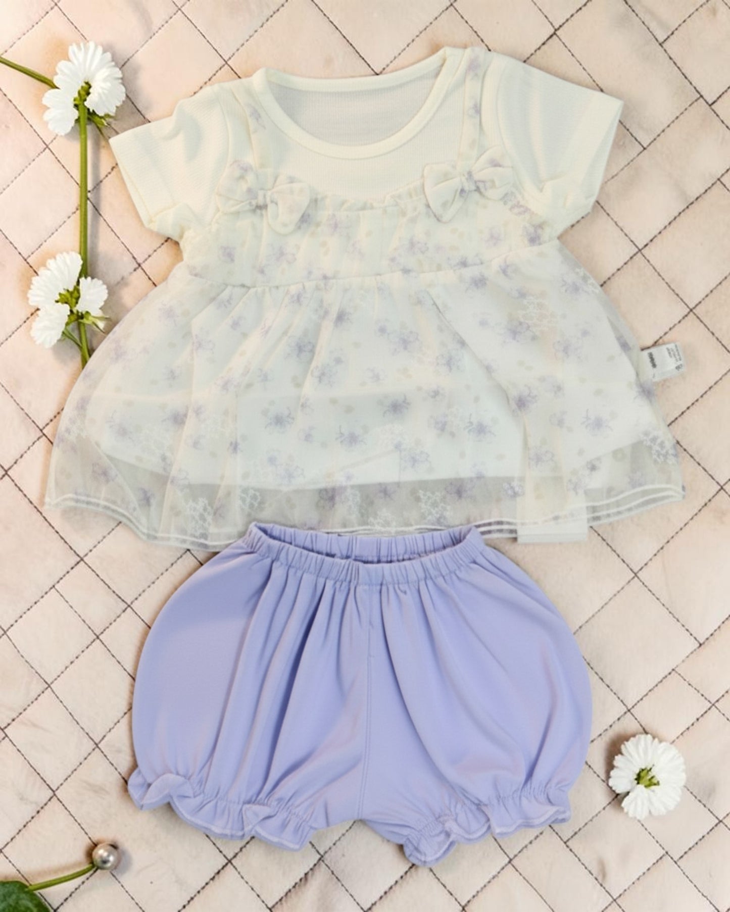 Little Roots baby girl white floral net frock with lavender bloomers, featuring bow details and soft fabric.