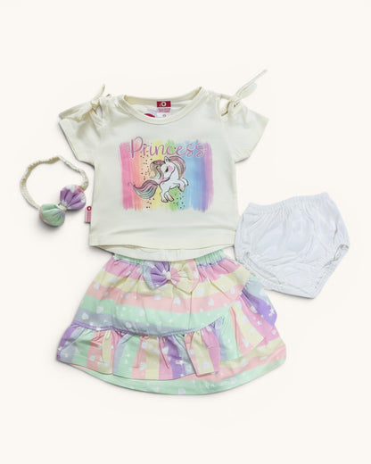 Little Roots baby girl 4-piece unicorn princess outfit: cream top with rainbow print, pastel rainbow skirt, white bloomer, and bow headband.