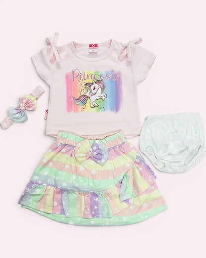 Little Roots baby girl 4-piece unicorn princess outfit set with pink top, rainbow skirt, bloomer, and headband.