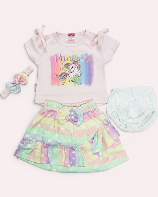 Little Roots baby girl 4-piece unicorn princess outfit set with pink top, rainbow skirt, bloomer, and headband.