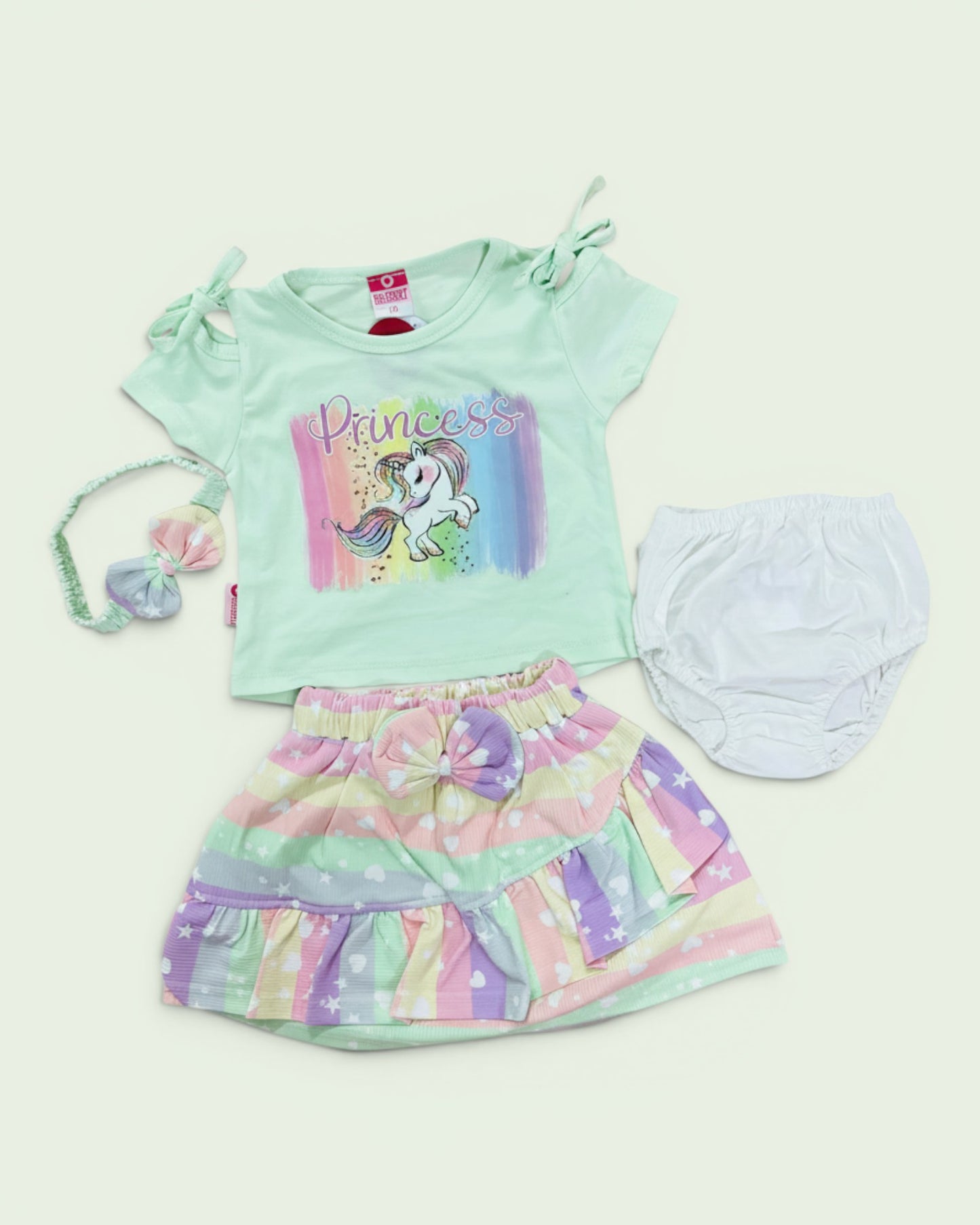 Little Roots baby girl mint green unicorn princess 4-piece outfit set with rainbow skirt, bloomer, and headband.