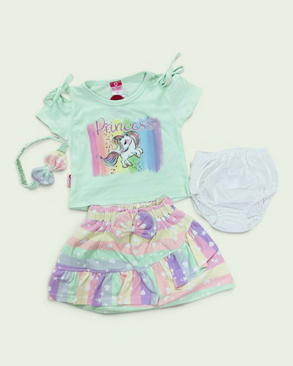 Little Roots baby girl mint green unicorn princess 4-piece outfit set with rainbow skirt, bloomer, and headband.