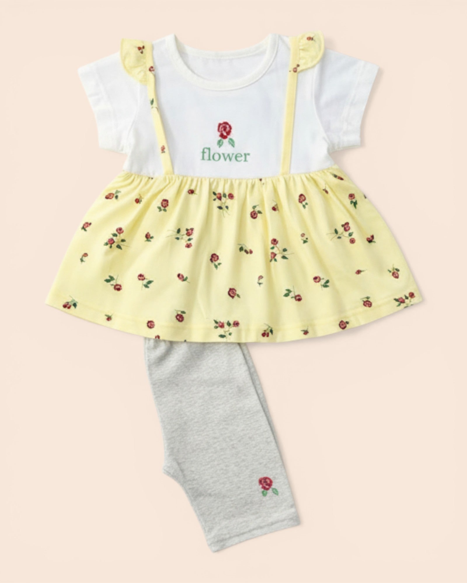 Little Roots baby girl yellow floral frock with white top and grey trousers. Cotton blend, short sleeves, floral print.