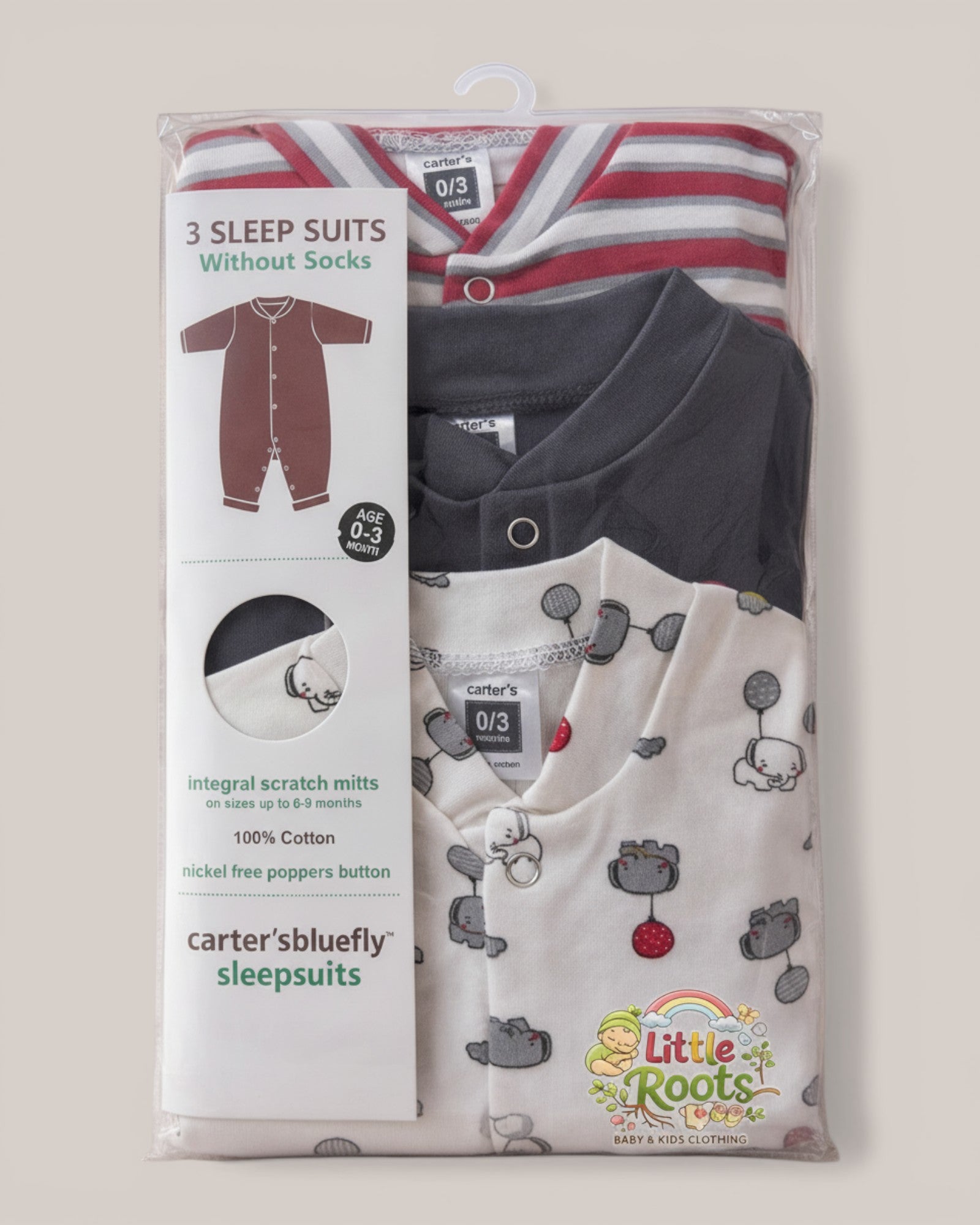 Little Roots pack of 3 baby sleep suits (0-3 months) in soft cotton with snap buttons and integral scratch mitts. Designs include stripes, grey, and elephants.