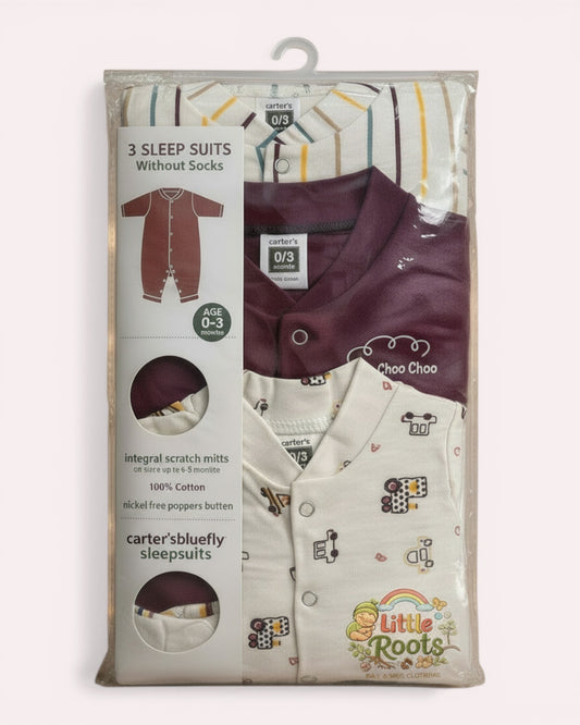 Little Roots pack of 3 baby sleep suits (0-3 months) in soft cotton with snap buttons and integral scratch mitts.