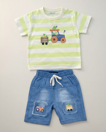 Little Roots Pakistan baby boy set: green & white striped tee with tractor print, blue denim shorts with tractor patches. Cotton blend.