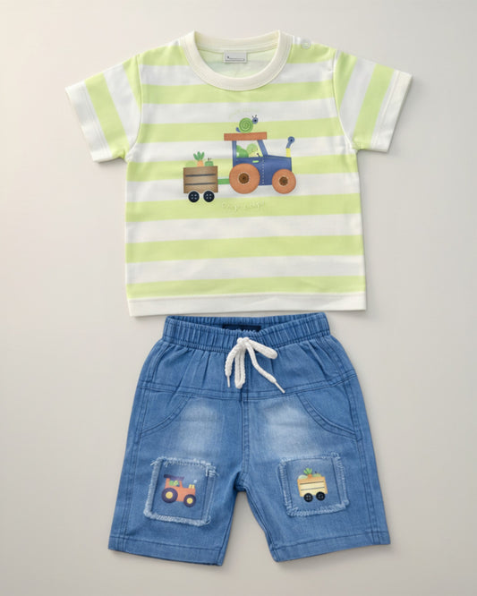 Little Roots Pakistan baby boy set: green & white striped tee with tractor print, blue denim shorts with tractor patches. Cotton blend.