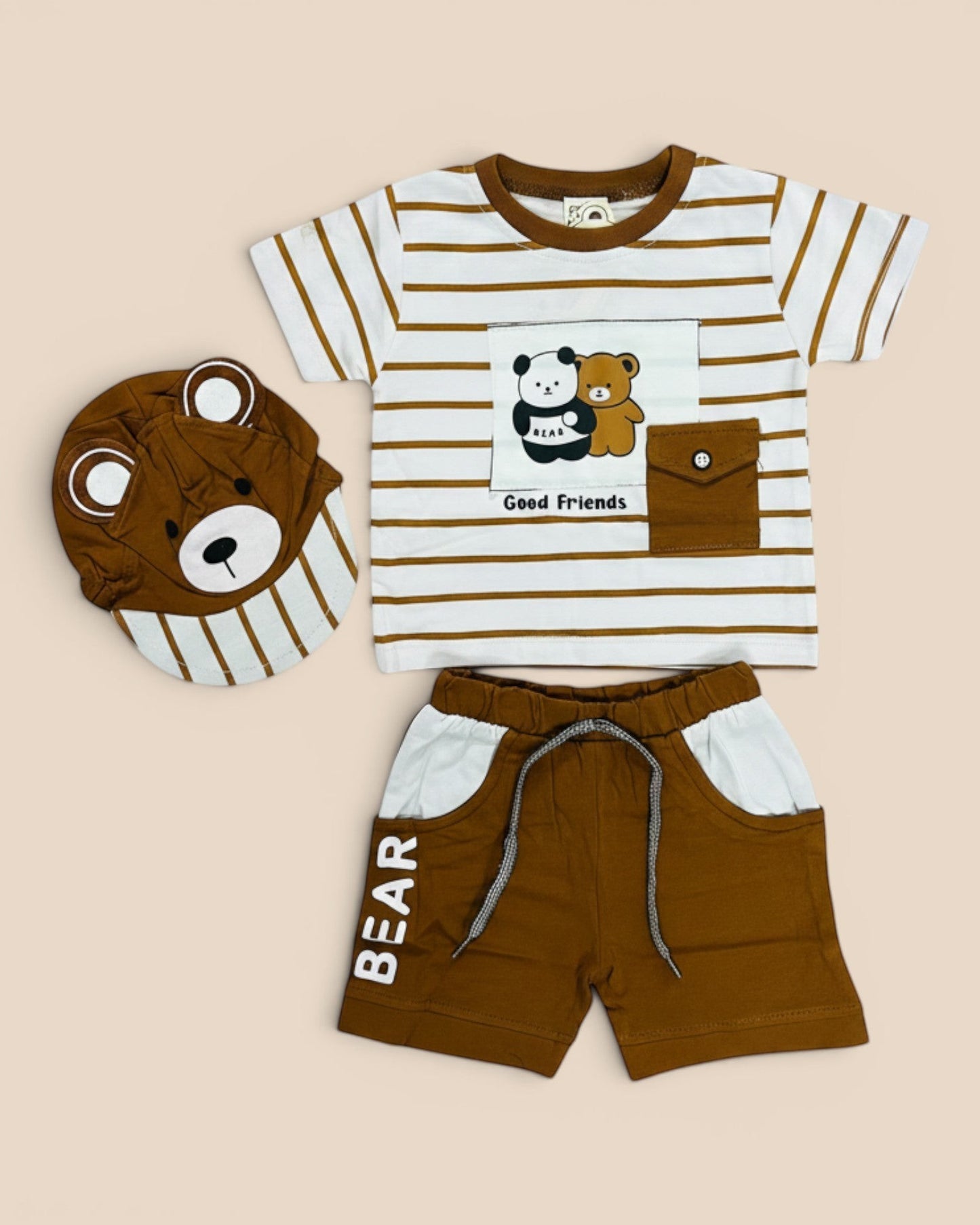 Little Roots brown and white striped baby boy outfit set with bear graphic t-shirt, matching shorts, and bear face cap.