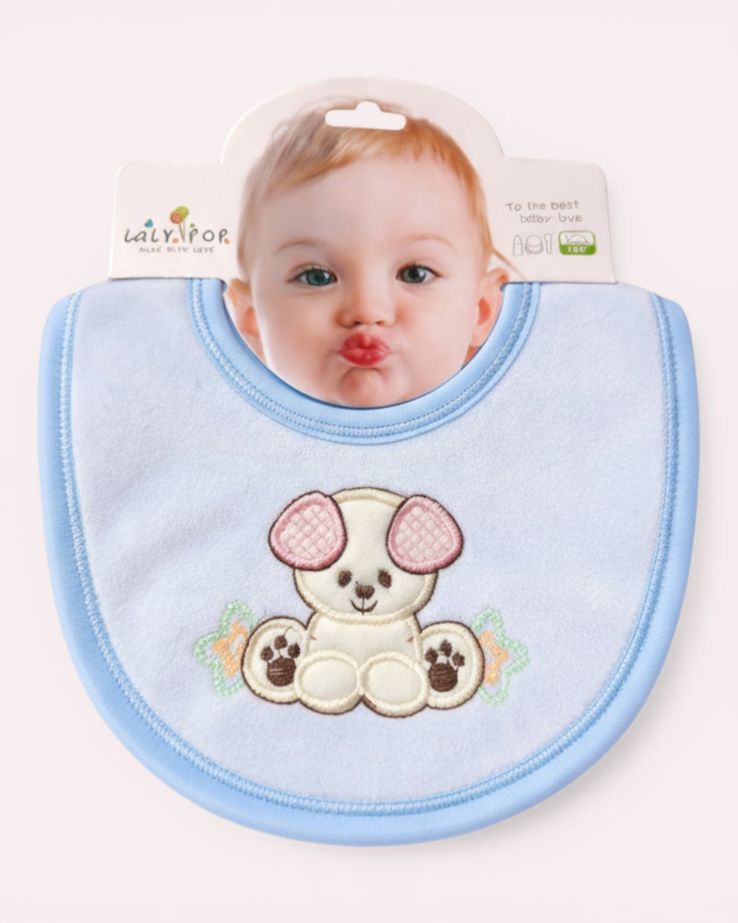 Little Roots light blue cotton baby bib with embroidered bear and stars, perfect for feeding and drooling.
