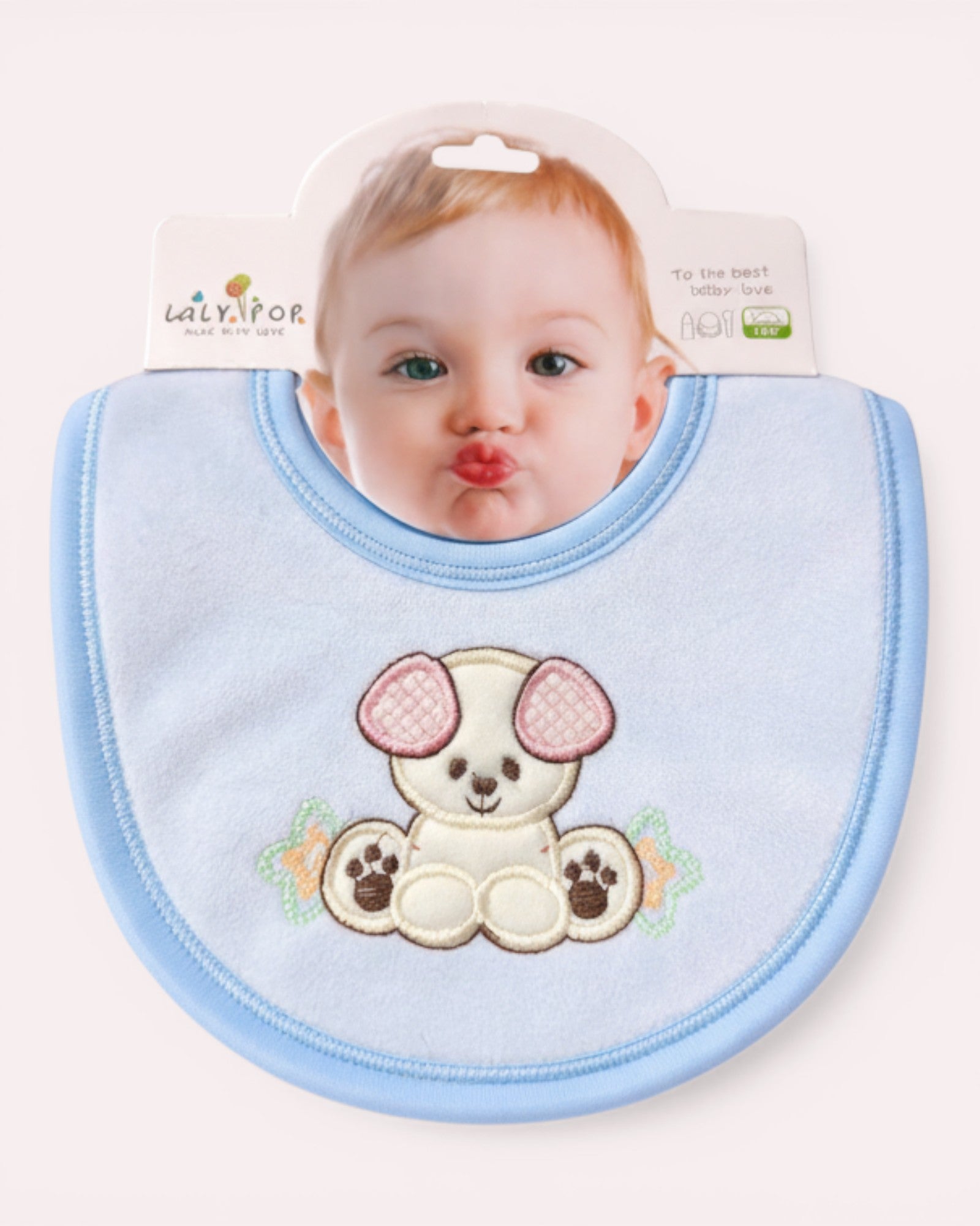 Little Roots light blue cotton baby bib with embroidered bear and stars, perfect for feeding and drooling.