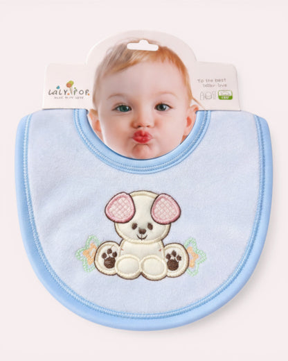Little Roots light blue cotton baby bib with embroidered bear and stars, perfect for feeding and drooling.