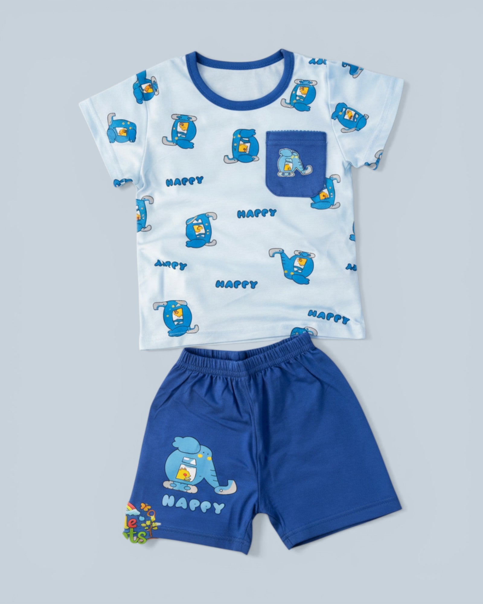 Little Roots baby boy blue cotton elephant print top and shorts set with front pocket detail.
