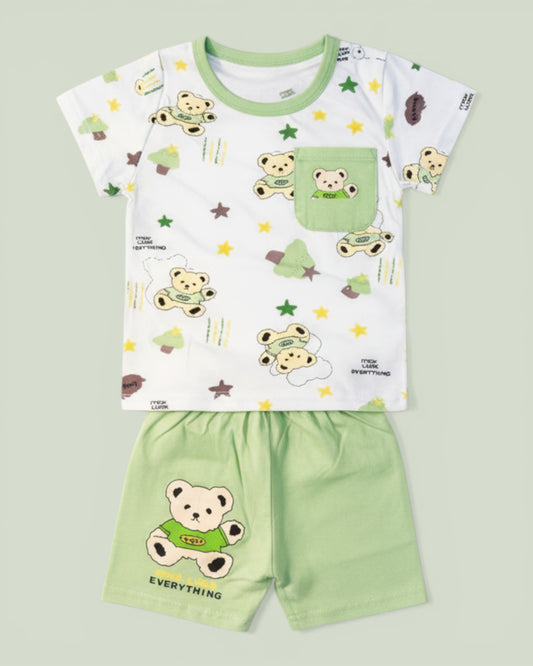 Little Roots baby boy soft green cotton bear print top and shorts set with elastic waistband.