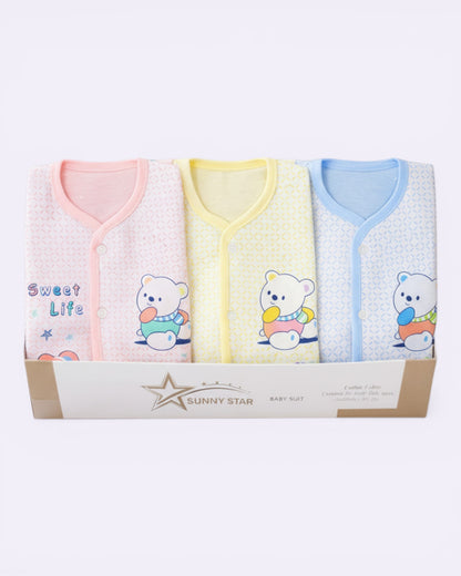 Little Roots pack of 3 newborn baby bodysuits in pink, yellow, and blue. Soft cotton with teddy bear prints and front button closure.