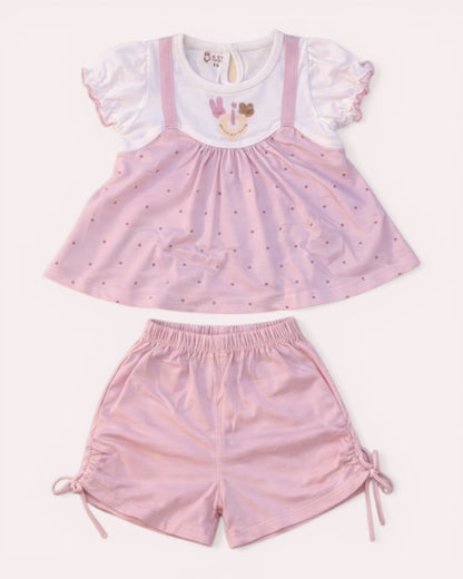 Little Roots baby girl pink polka dot frock with cartoon print and matching shorts, short sleeves, elastic waist.