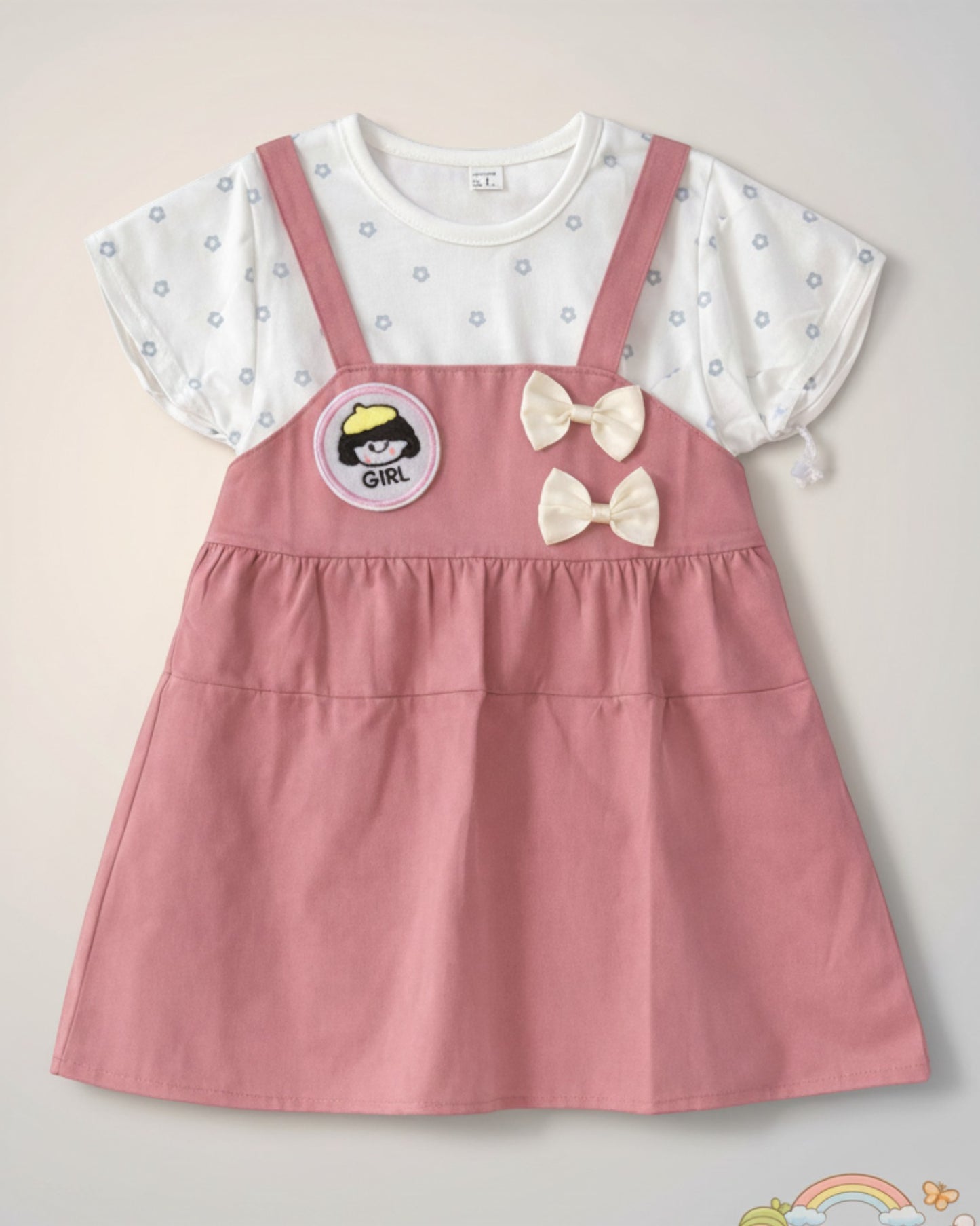 Little Roots baby girl pink pinafore dress with white floral print top, "Girl" patch, and double bow accents.