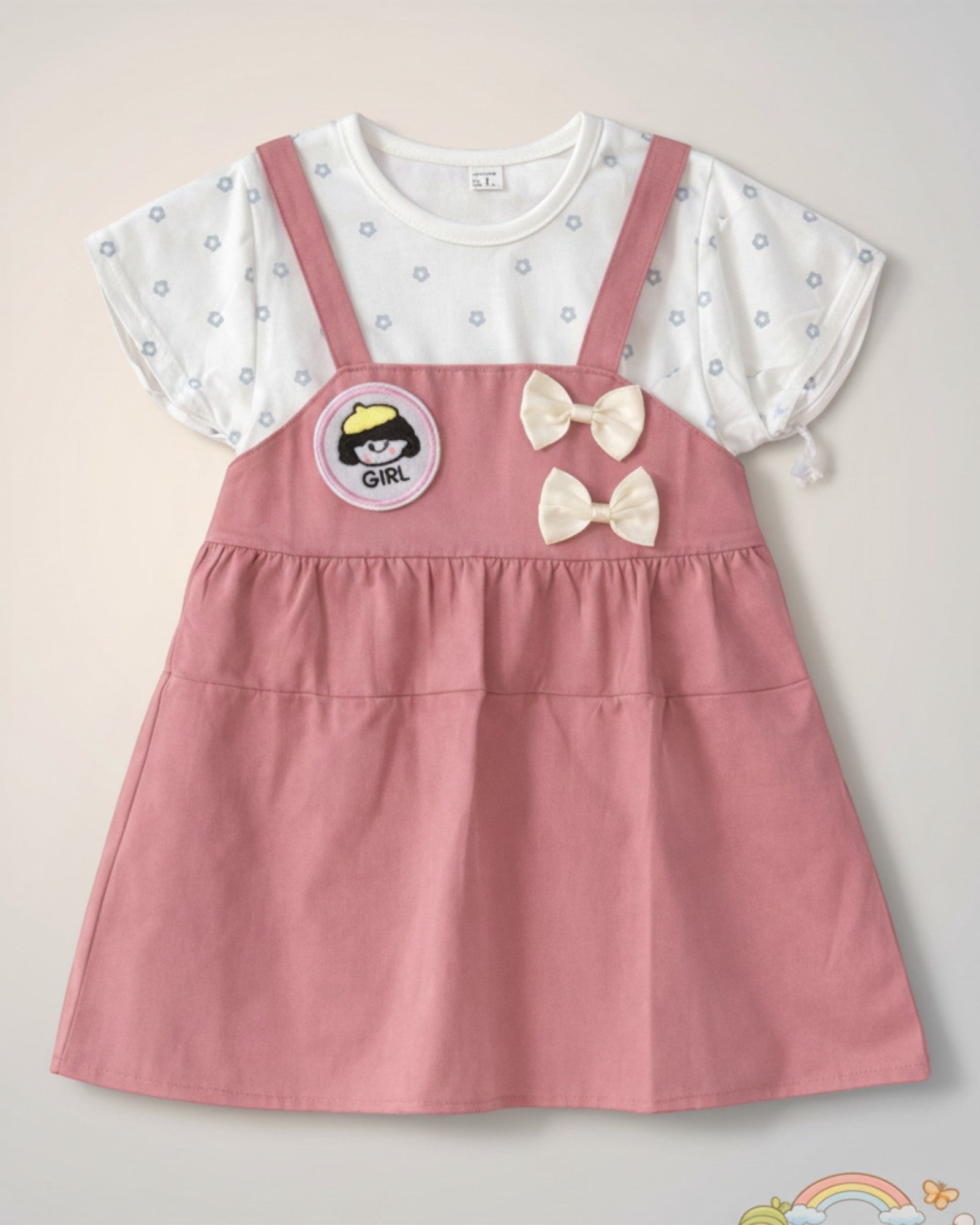 Little Roots baby girl pink pinafore dress with white floral print top, "Girl" patch, and double bow accents.