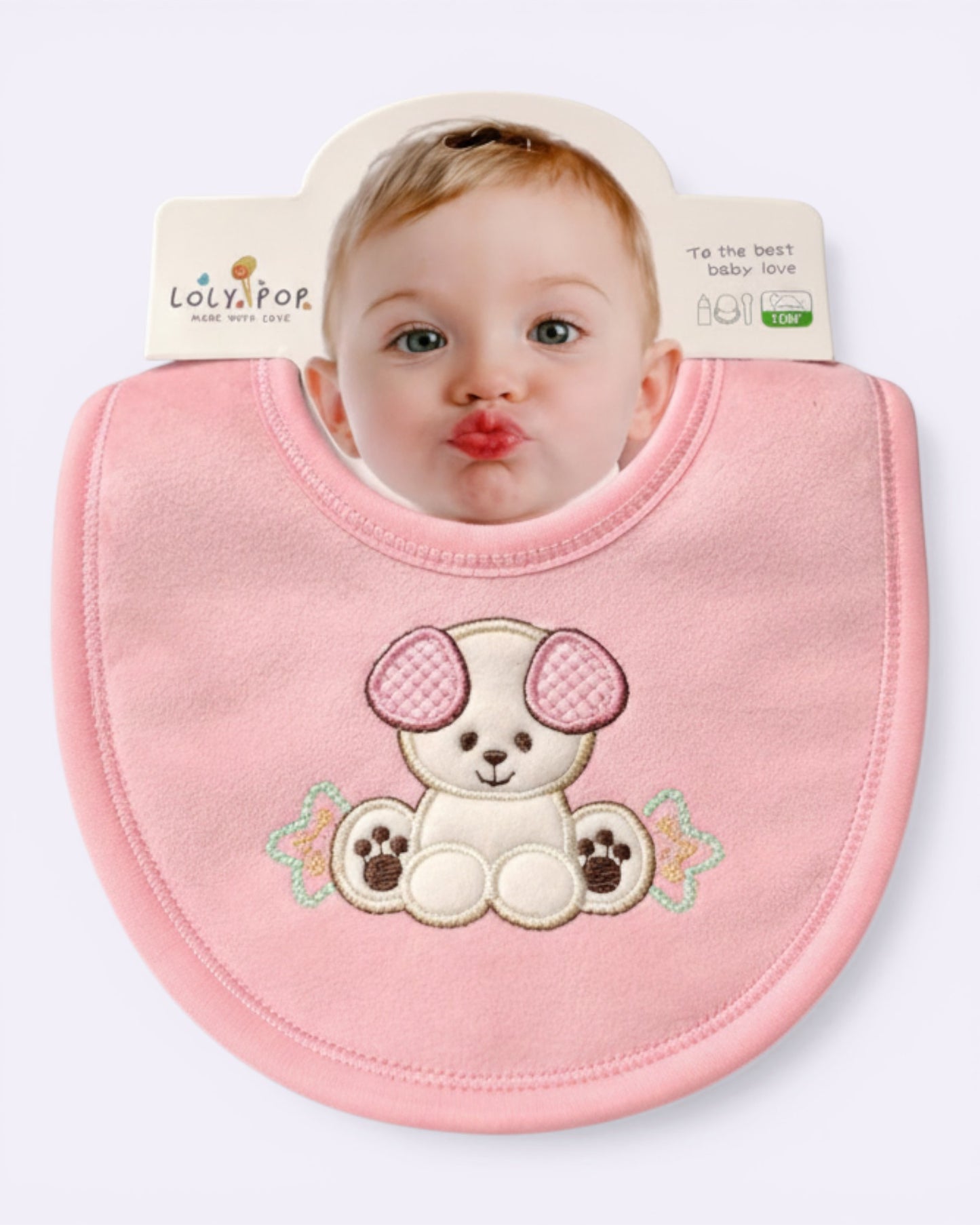 Little Roots pink soft cotton baby bib with embroidered bear and flowers. Ideal for feeding and drooling.