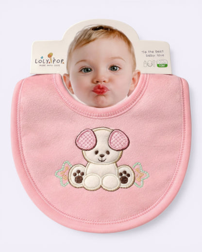 Little Roots pink soft cotton baby bib with embroidered bear and flowers. Ideal for feeding and drooling.