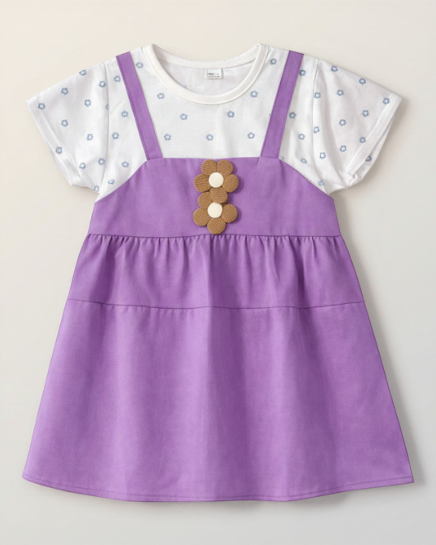Little Roots baby girl purple floral patch dress with white printed top. Pinafore style with attached top, lightweight and breathable.