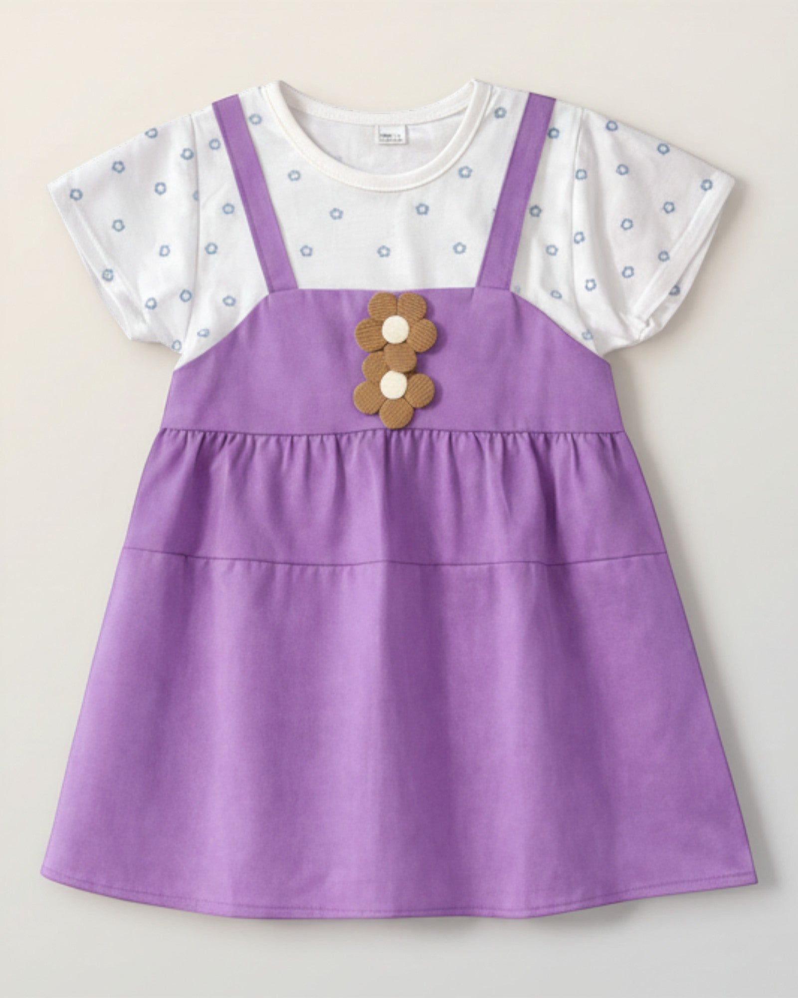 Little Roots baby girl purple floral patch dress with white printed top. Pinafore style with attached top, lightweight and breathable.