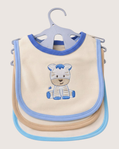 Little Roots pack of 3 soft cotton baby bibs with blue trim and embroidered zebra design.