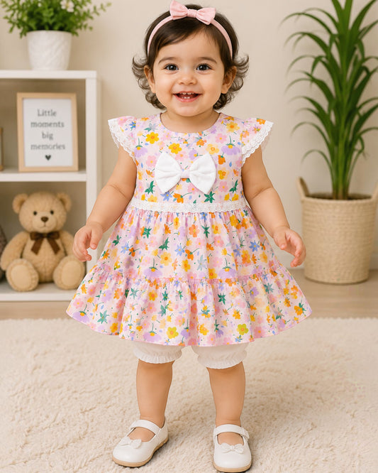 Floral Princess Baby Girl Frock Set with Bloomer – Soft Pink Summer Dress & Bow Detail