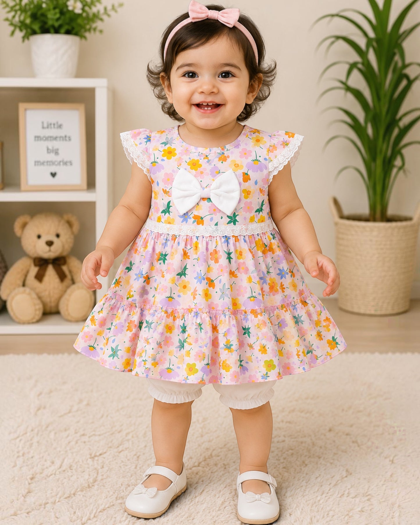 Floral Princess Baby Girl Frock Set with Bloomer – Soft Pink Summer Dress & Bow Detail