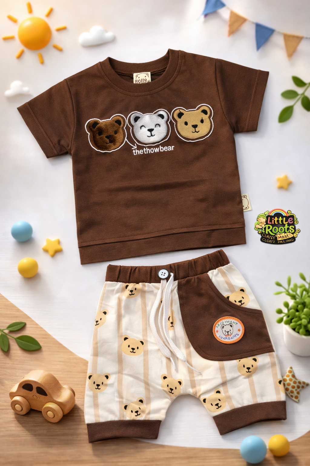 Baby Boy Three Bear 2 Piece Summer Set – Cotton T-Shirt & Bear Print Shorts