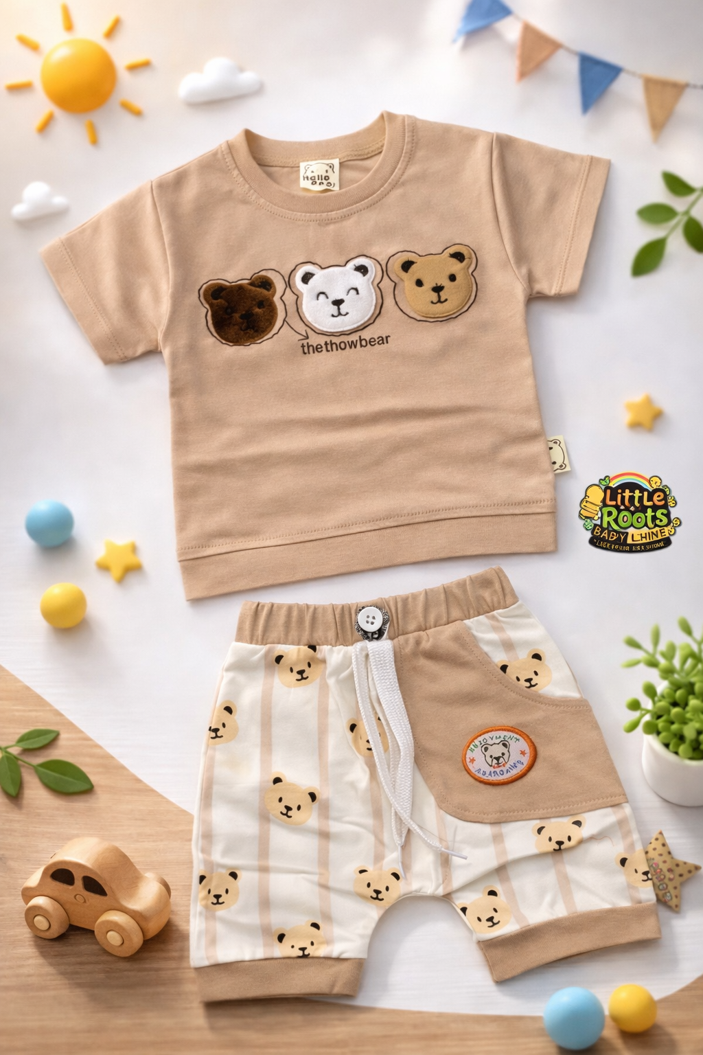 Baby Boy Three Bear 2 Piece Summer Set – Cotton T-Shirt & Bear Print Shorts