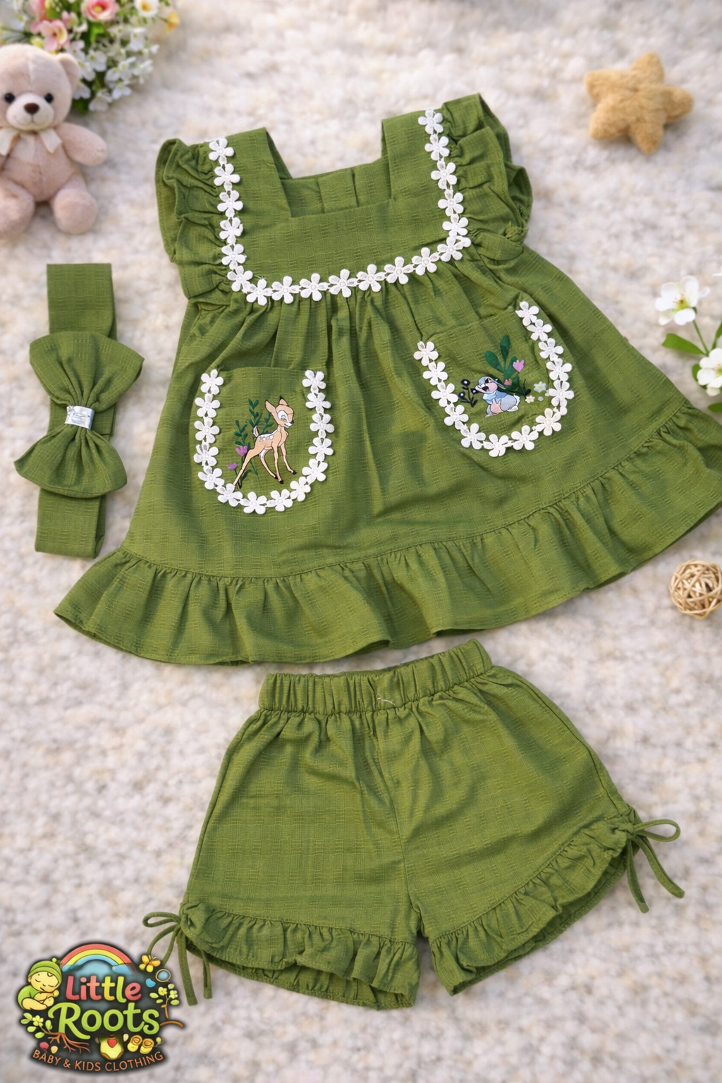 Baby Girl Traditional Frock & Shorts Set with Headband – Cute Floral Pocket Outfit