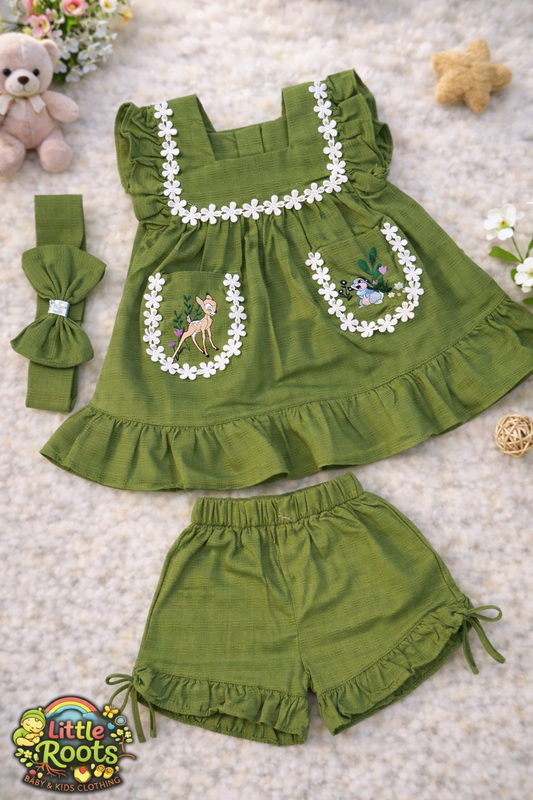 Baby Girl Traditional Frock & Shorts Set with Headband – Cute Floral Pocket Outfit