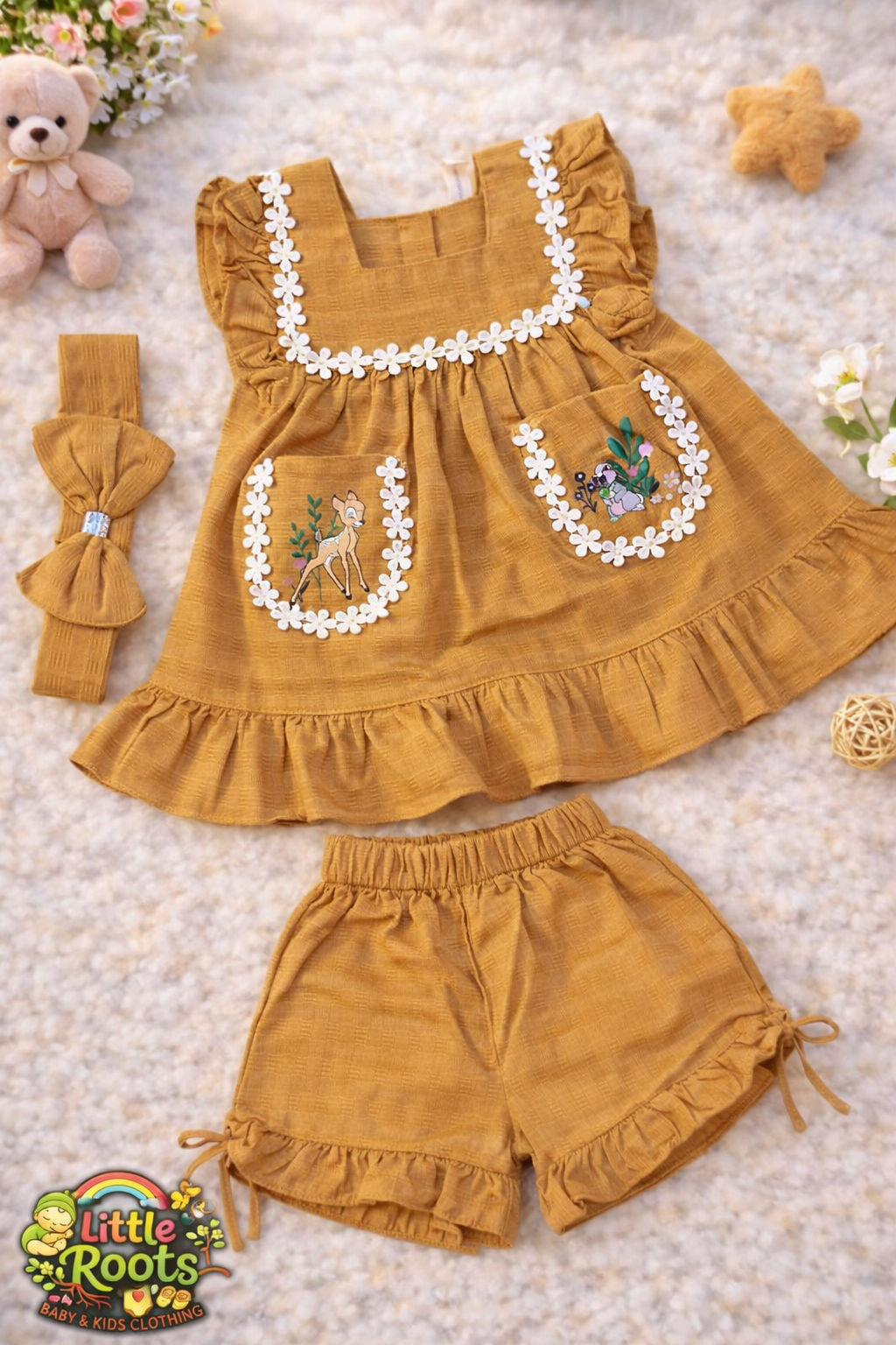 Baby Girl Traditional Frock & Shorts Set with Headband – Cute Floral Pocket Outfit