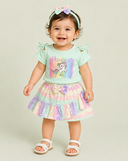 Baby Girl Princess Unicorn Skirt & Top Set with Headband – 4 Piece Outfit Set