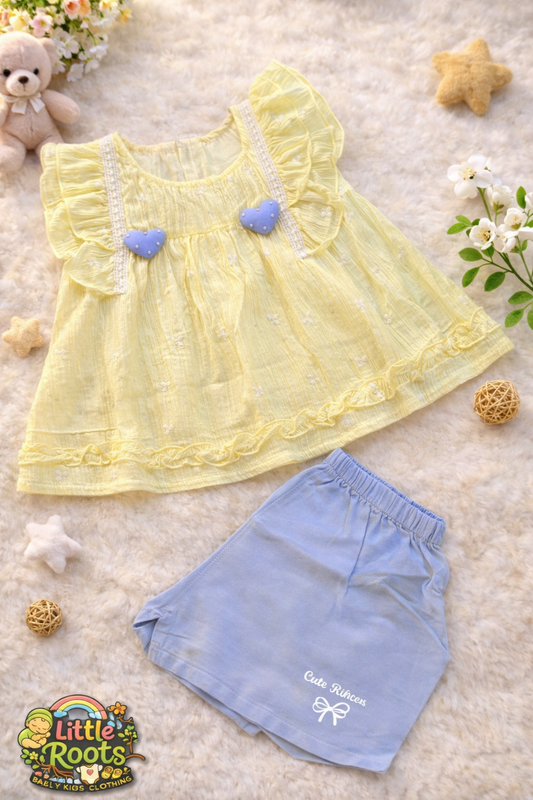 Baby Girl Fancy Yellow Frock & Blue Shorts Set – 2PCS Summer Outfit